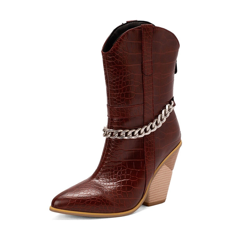 Autumn Winter Sexy Metal Chain Super High Heel Pointed Toe Ladies Short Boots
