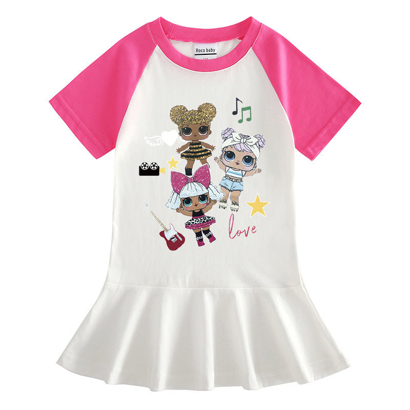 Surprise doll cartoon half sleeved girls' dress