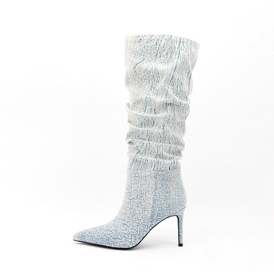 Women Ethnic Denim Jeans Mid Calf Boots Stilettos High Heel Shoes