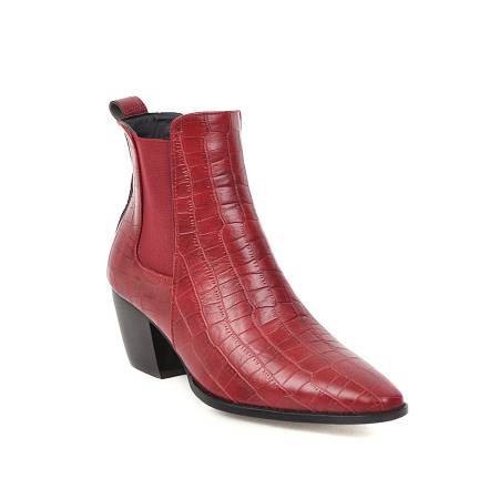 Red Crocodile Leather Anle Boots Winter Women's Pointed Toe Block Heel Short Elastic Boots Western Brand Shoes Botas Mujer