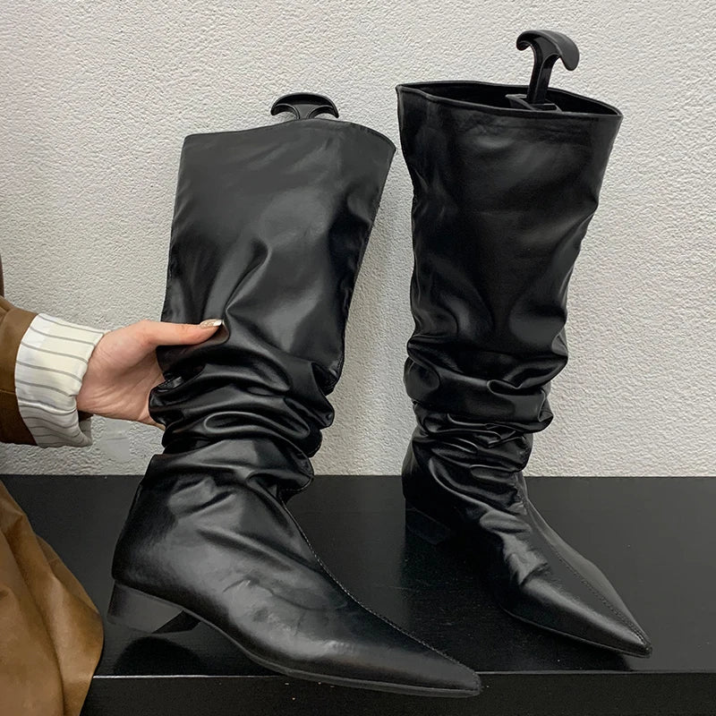 Footwear Knee High Boots Low Heel Shoes For Ladies Pointed Toe Female Fashion Pleated Women Long Western Boots Golden Shoes