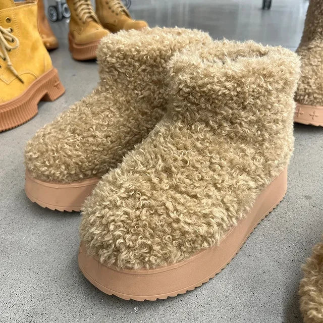 Leather Fur Integrated Thick Sole Plush Short Tube Snow Boots for Women's Winter Plush Teddy Curly Fur Medium Tube Cotton Boots