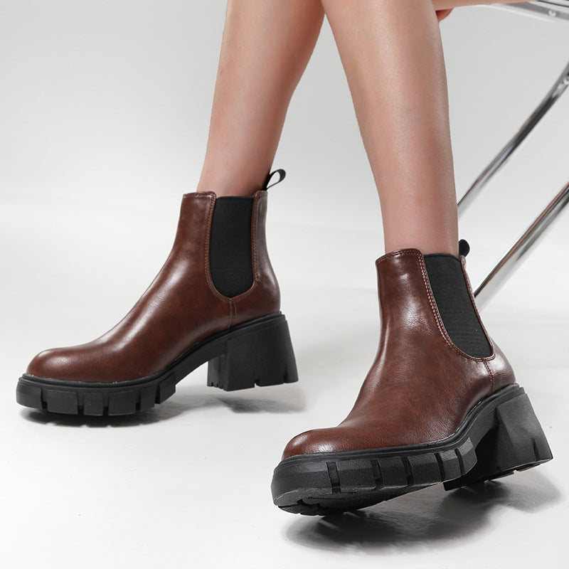 Heavy Heeled Thick Soled Martin Boots New Round Toe Short Boots In Autumn And Winter Large Size 44-35