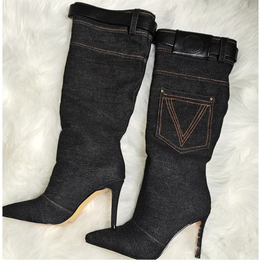 Western Cowboy Boots Women's BlueVintage High Heel Knight Boots Big Barrel Girth Pointed Slim Boots No More Than Knee