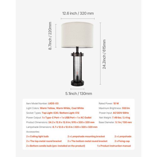 Table Lamps Set of 2, Dimmable Farmhouse Bedside Nightstand Lamps