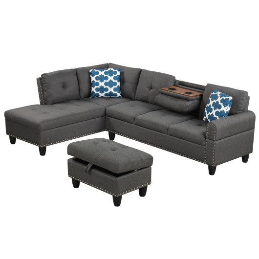 98 Inches Sectional Sofa Couch with Movable Storage Ottoman and Linen Fabric Backs-DG