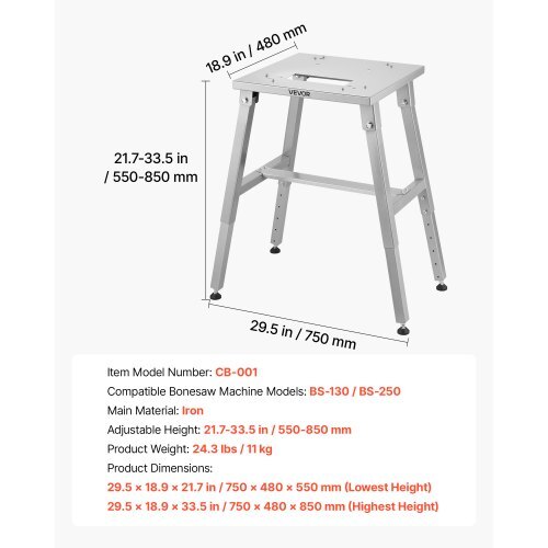 Electric Meat Bandsaw Stand, Floor Stand with Adjustable Height, Stable H-Shaped Frame, Anti-Slip Foot Pads, for Our Bone Saw Machine, Compatible with Models BS-130 & BS-250