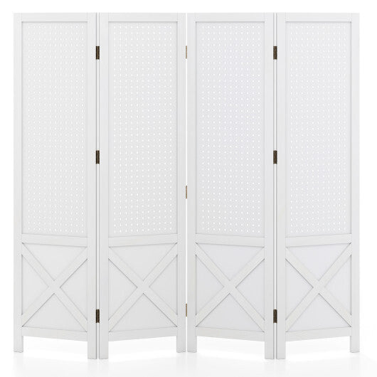 4-Panel Pegboard Display Stand Folding Room Divider with Solid Wood Frame-White