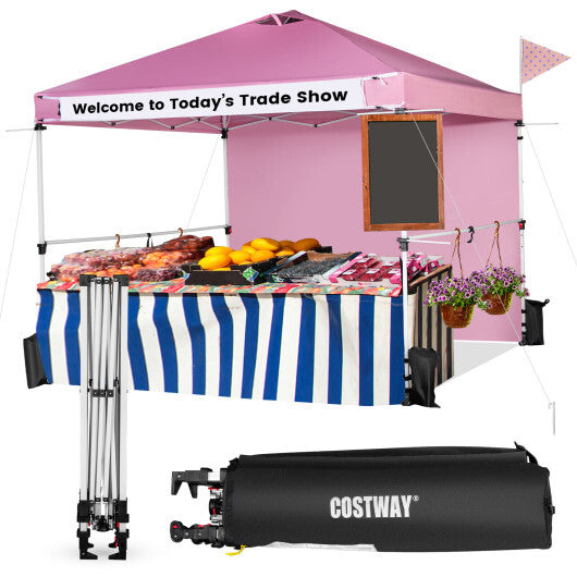 10 x 10 Feet Foldable Commercial Pop-up Canopy with Roller Bag and Banner Strip-Pink - Hillery's Products & Services
