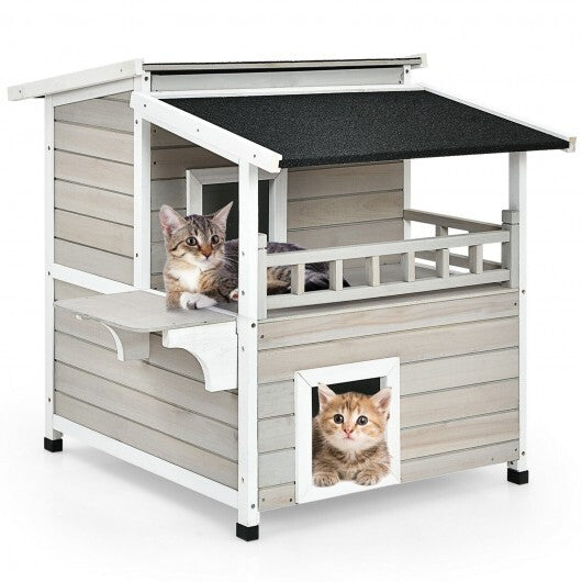 2-Story Wooden Patio Luxurious Cat Shelter House Condo with Large Balcony - Hillery's Products & Services