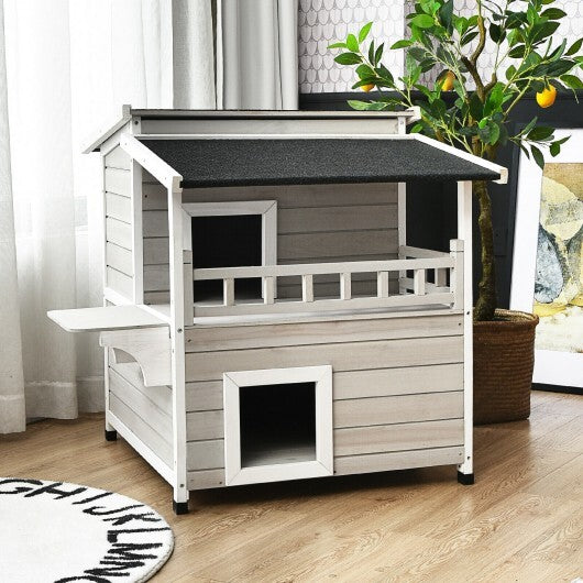 2-Story Wooden Patio Luxurious Cat Shelter House Condo with Large Balcony - Hillery's Products & Services