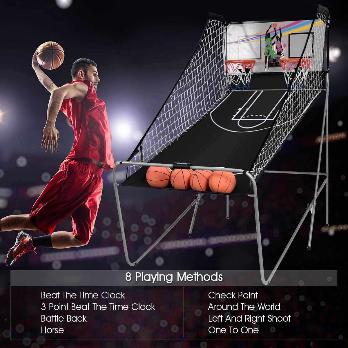 Foldable Double Electronic Basketball Game with 4 Balls Indoor-Gray