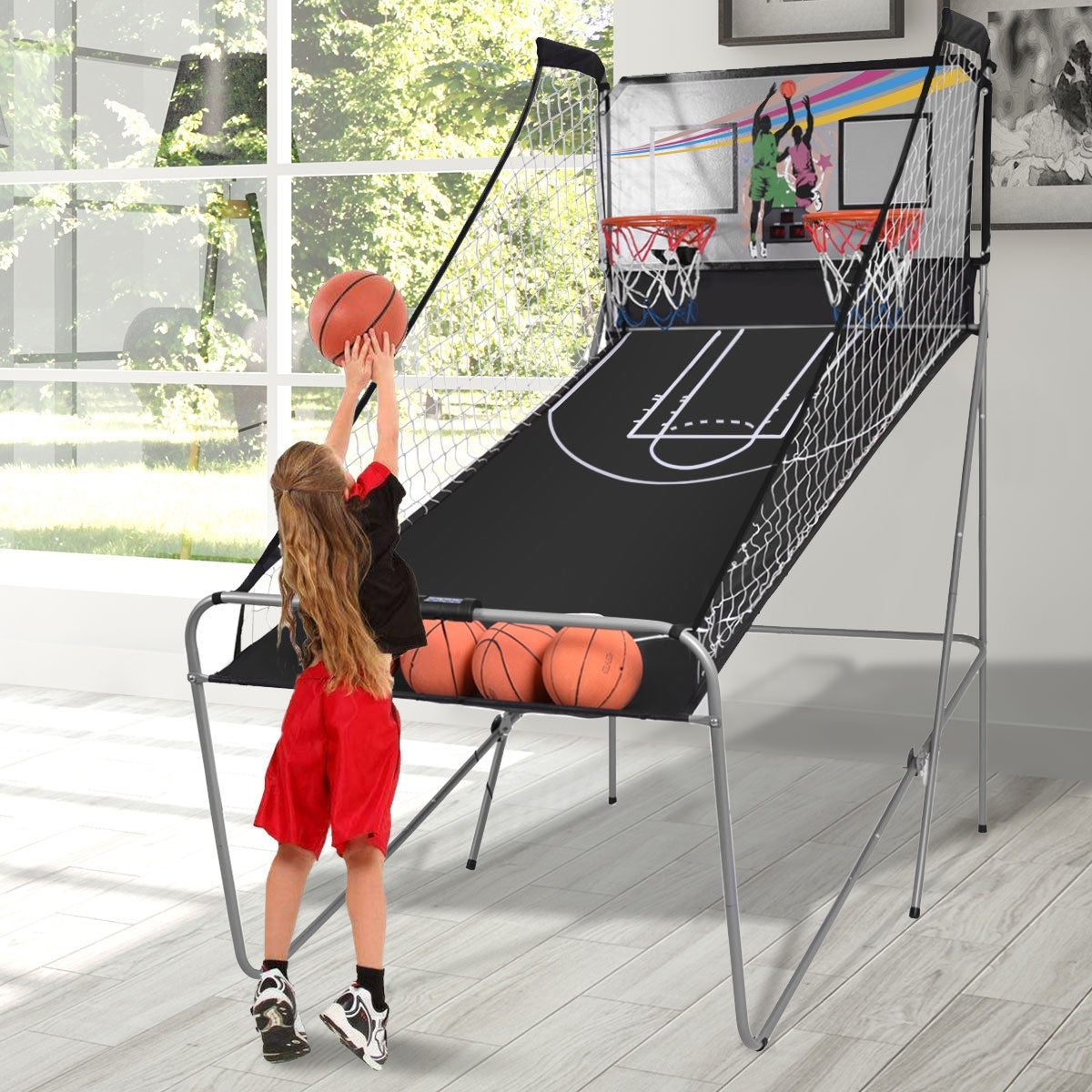 Foldable Double Electronic Basketball Game with 4 Balls Indoor-Gray