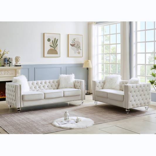 Beige, 2+3 Seat Sofa Set, Velvet Crystal Buckle Upholstery Sofa
