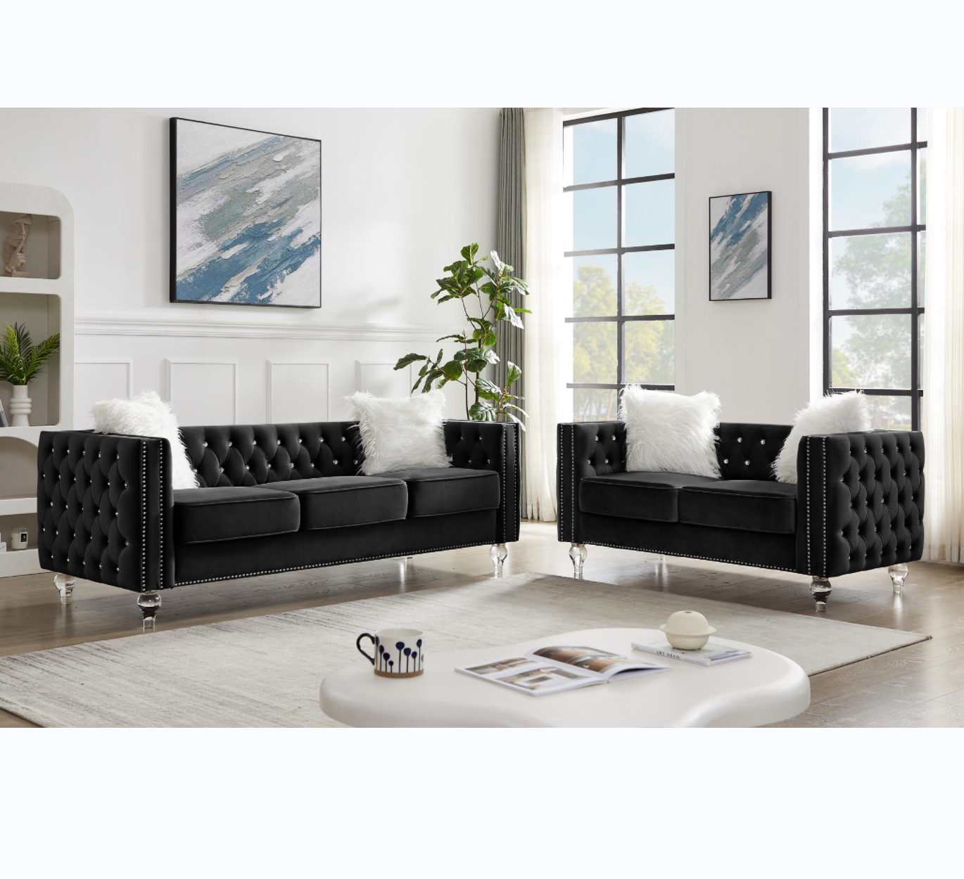 Black, 2+3 Seat Sofa Set, Velvet Crystal Buckle Upholstery Sofa