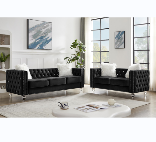 Black, 2+3 Seat Sofa Set, Velvet Crystal Buckle Upholstery Sofa