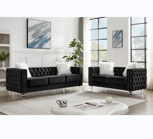 Black, 2+3 Seat Sofa Set, Velvet Crystal Buckle Upholstery Sofa