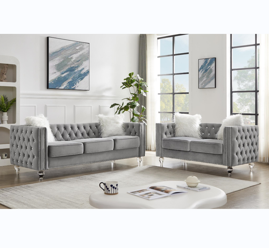 Gray, 2+3 Seat Sofa Set, Velvet Crystal Buckle Upholstery Sofa