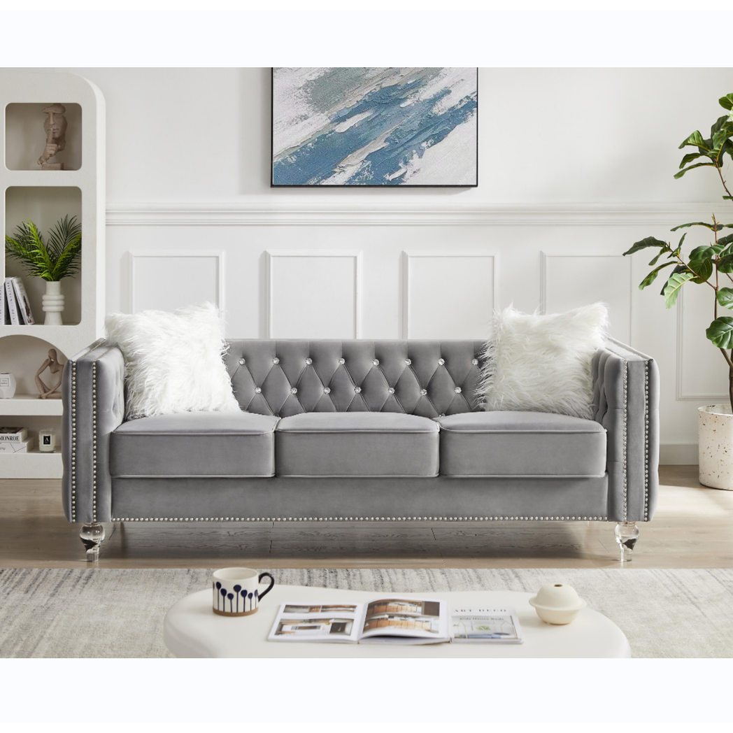 Gray, 2+3 Seat Sofa Set, Velvet Crystal Buckle Upholstery Sofa