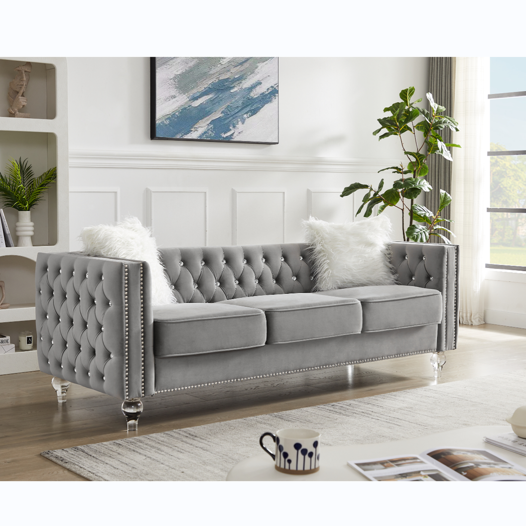 Gray, 2+3 Seat Sofa Set, Velvet Crystal Buckle Upholstery Sofa