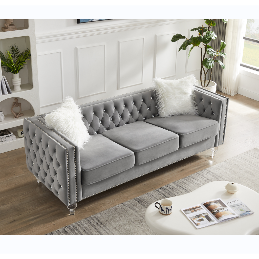 Gray, 2+3 Seat Sofa Set, Velvet Crystal Buckle Upholstery Sofa