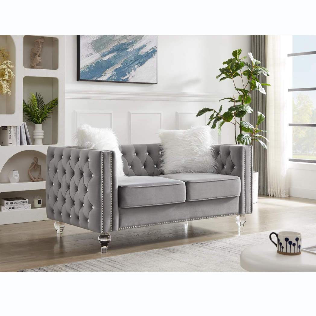 Gray, 2+3 Seat Sofa Set, Velvet Crystal Buckle Upholstery Sofa