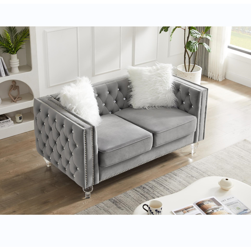 Gray, 2+3 Seat Sofa Set, Velvet Crystal Buckle Upholstery Sofa