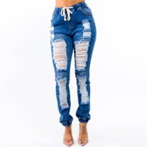 PLUS HIGH WAIST DISTRESSED FRONT DENIM JOGGERS - Hillery's Products & Services