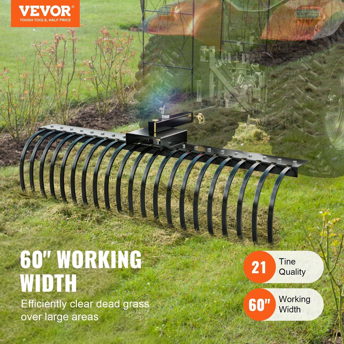 Tow Behind Landscape Rake, 60" Tow Dethatcher with 21 Steel Coil Tines