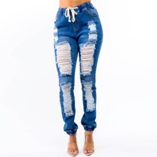 PLUS HIGH WAIST DISTRESSED FRONT DENIM JOGGERS